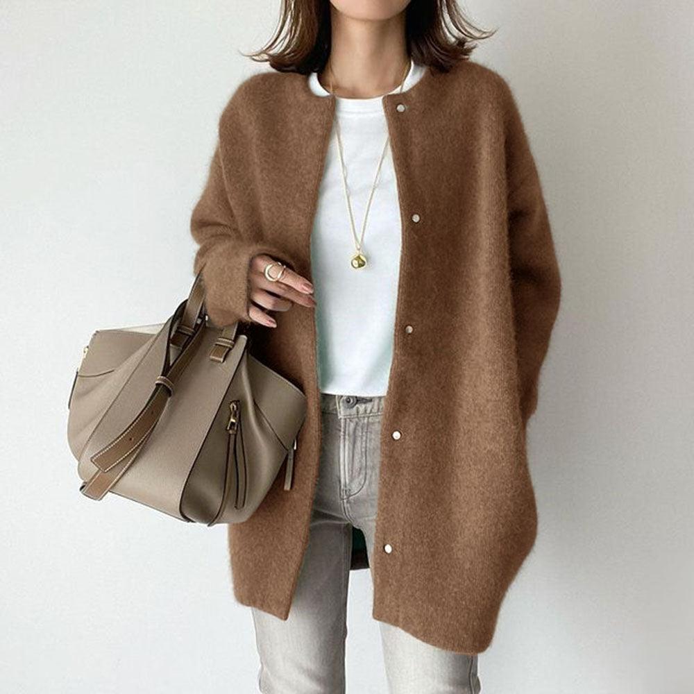 Loose Round Neck Single Breasted Cardigan Fashion Solid Color Coat