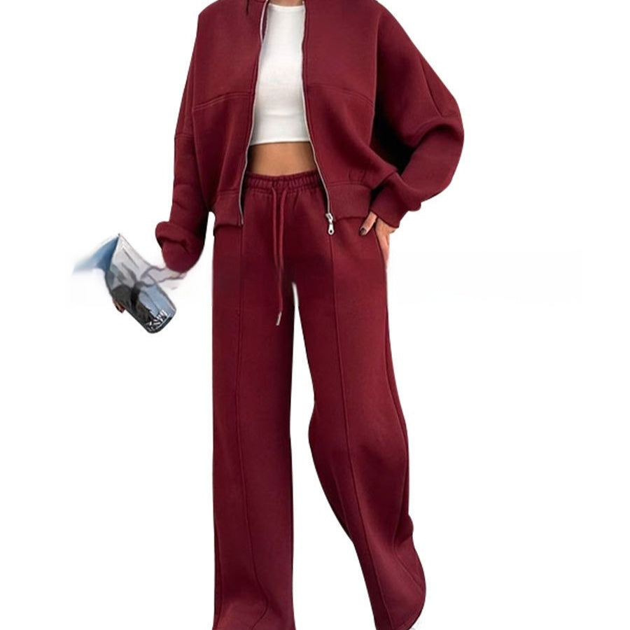 Women's Sports Suits Zipper Jacket and Wide Leg Pants Two-Piece Set