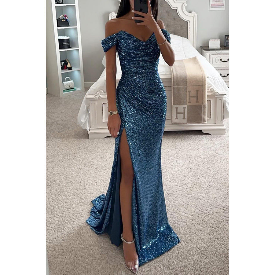 Party Sequins Off-Neck Split Dress Casual Fashion Women Charming