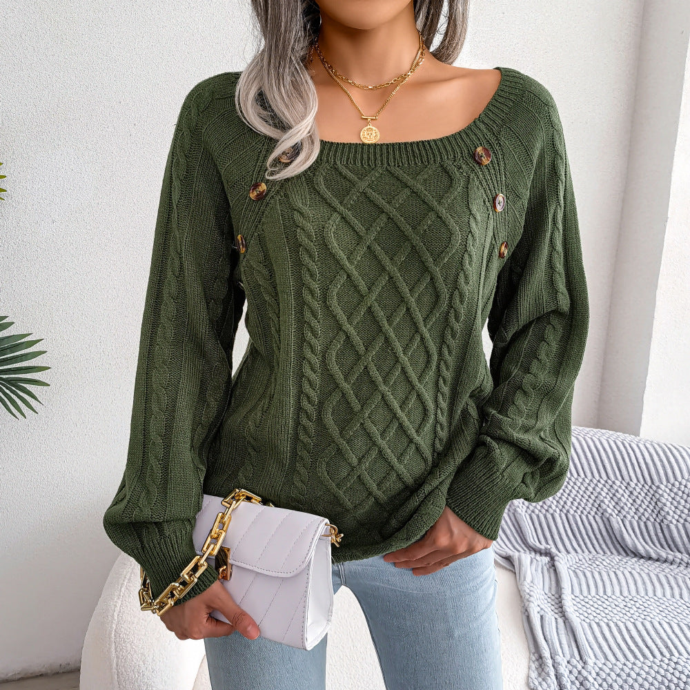 Square Neck Knitted Sweater with Button Design Winter Warm Long