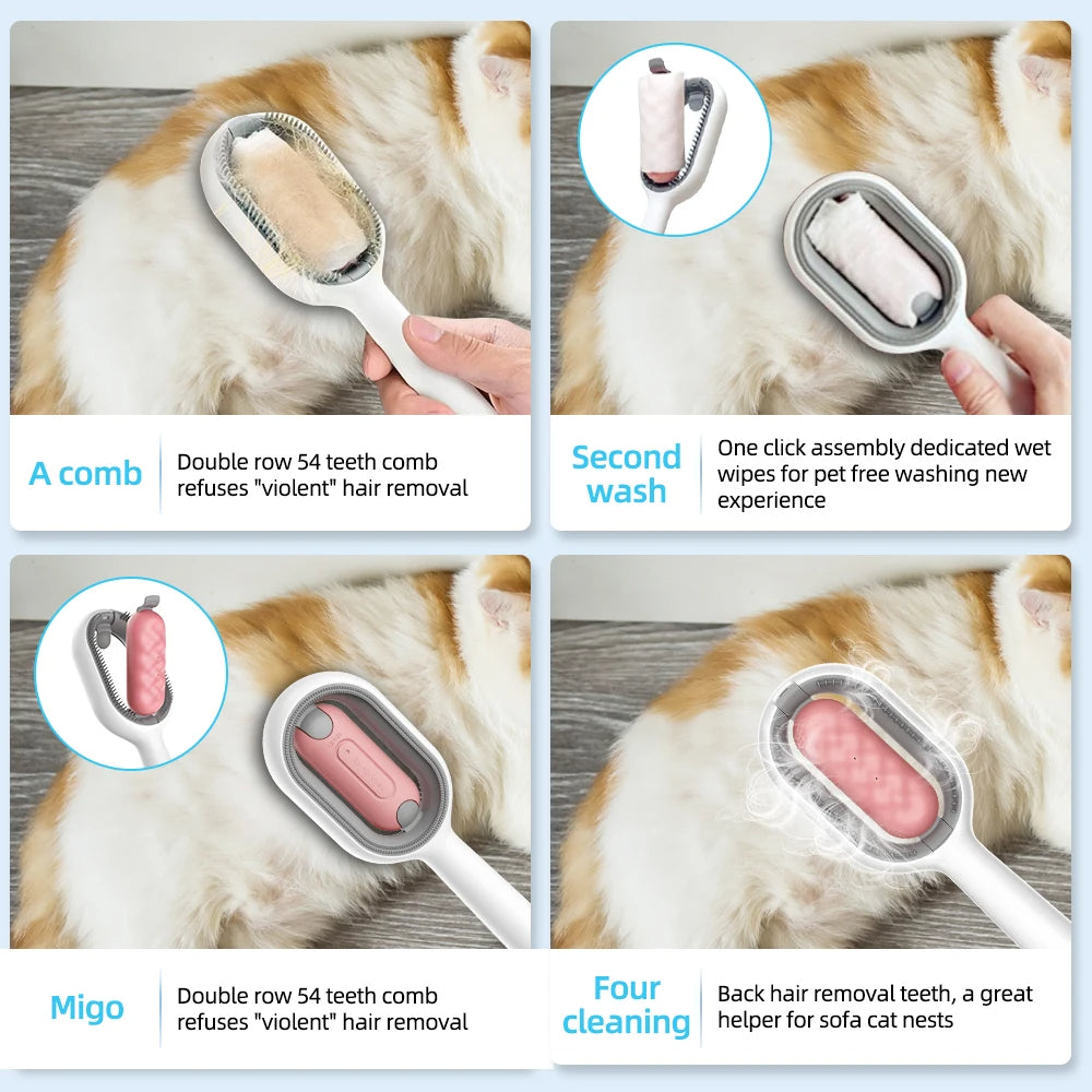 4-in-1 Cat Grooming Brush with Water Tank - Double-Sided Sticky Hair Removal Comb