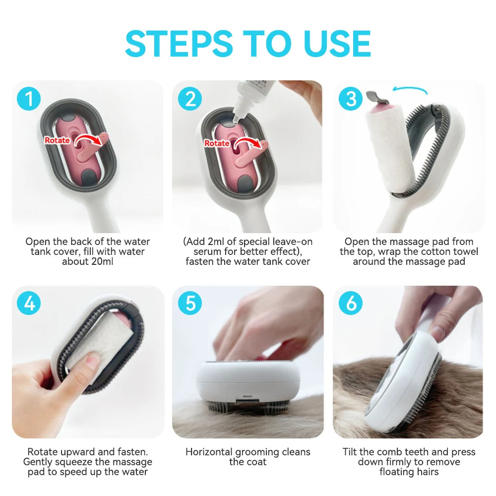 4-in-1 Cat Grooming Brush with Water Tank - Double-Sided Sticky Hair Removal Comb