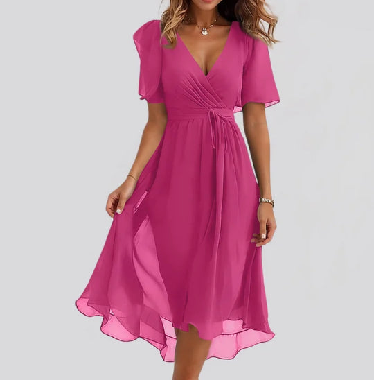 Chiffon Printed Short Sleeve Dress Summer Elegant V-Neck Dresses
