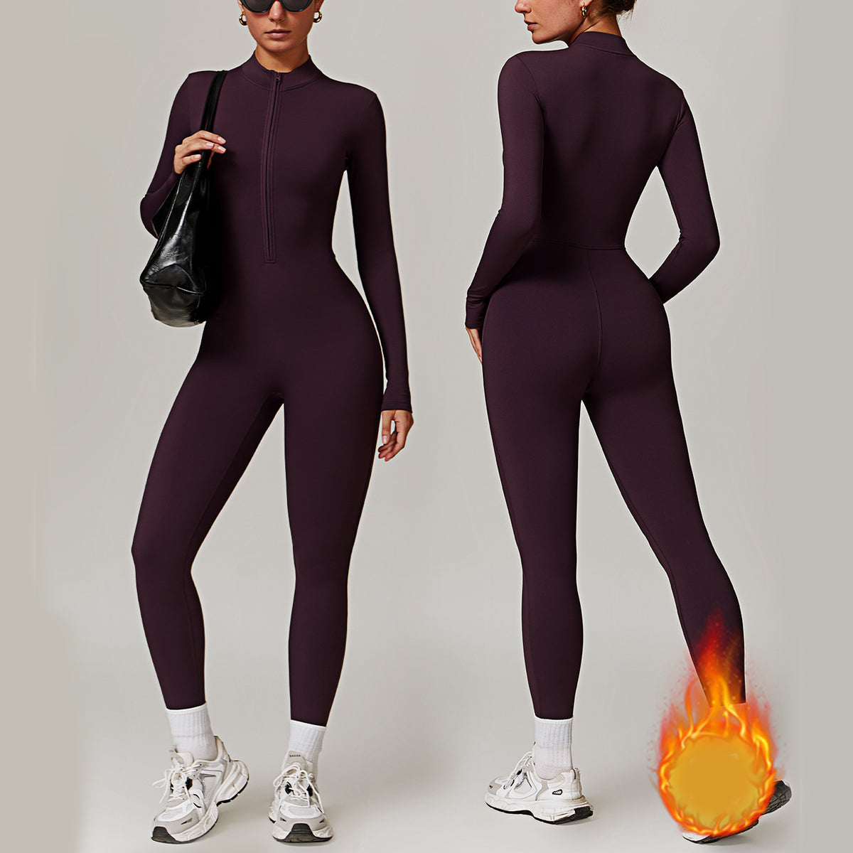 Warm Zipper Long-Sleeved Jumpsuit Yoga Fitness Sports Pants