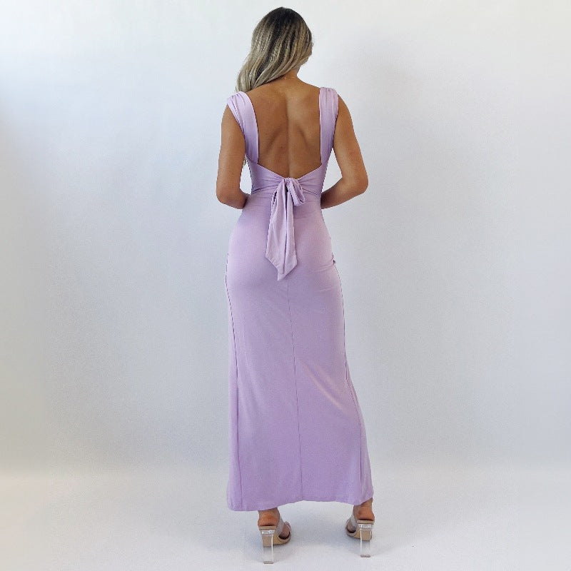 Slim Sleeveless Slit Dress with Back Tie Design Fashion Temperament