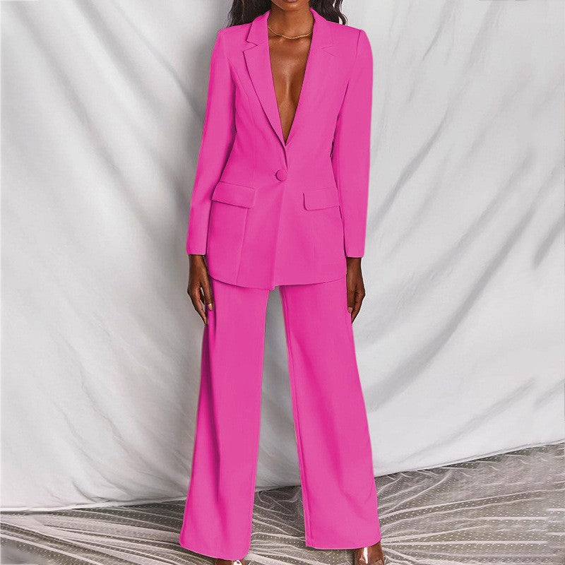 2pcs Casual Suit Lapel Button-Down Blazer Jacket and Straight-Leg