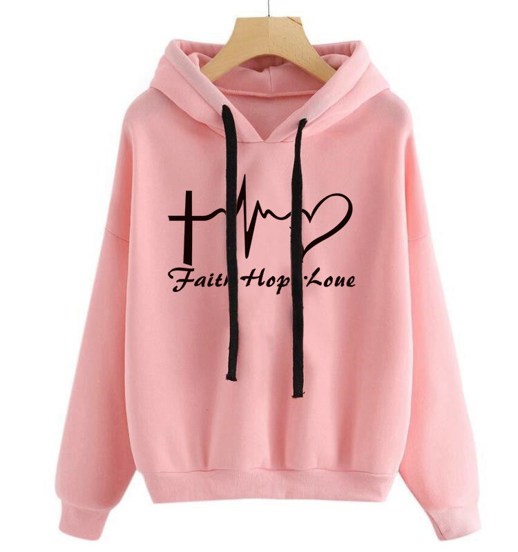 Heart Print Hoodie Sweatshirt Pullover Tops Women Long Sleeve Sports