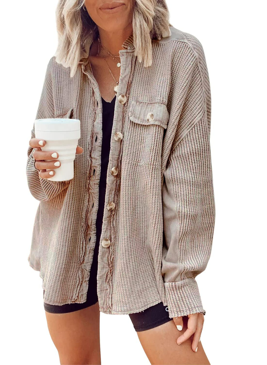 Button Shirt Jacket Women Lapel Long Sleeve Blouse Fashion Tops