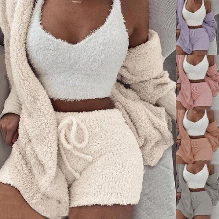 3pcs Women's Clothing Long Sleeve Crop Tank Top and Drawstring Shorts