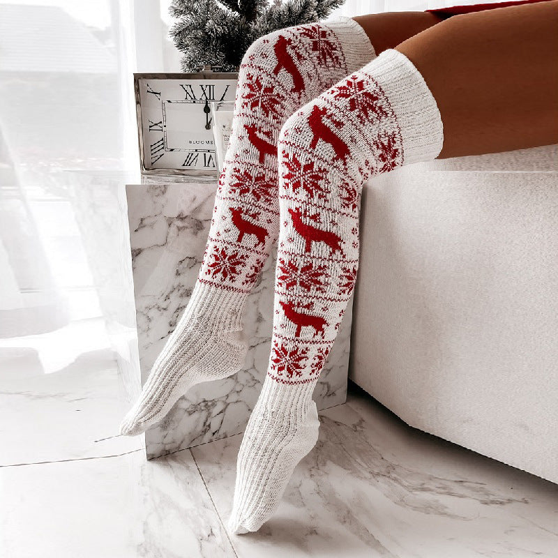 Winter Christmas Warm Knitted Women Stocking Beautiful Elk Snowflake