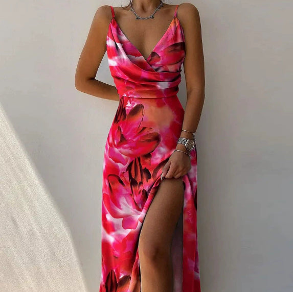V-Neck Slit Sling Dress Summer Fashion Sexy Slim Suspender Dresses