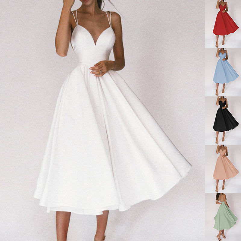 Sexy V-Neck Suspender Dress Summer Fashion A-Line Long Dresses