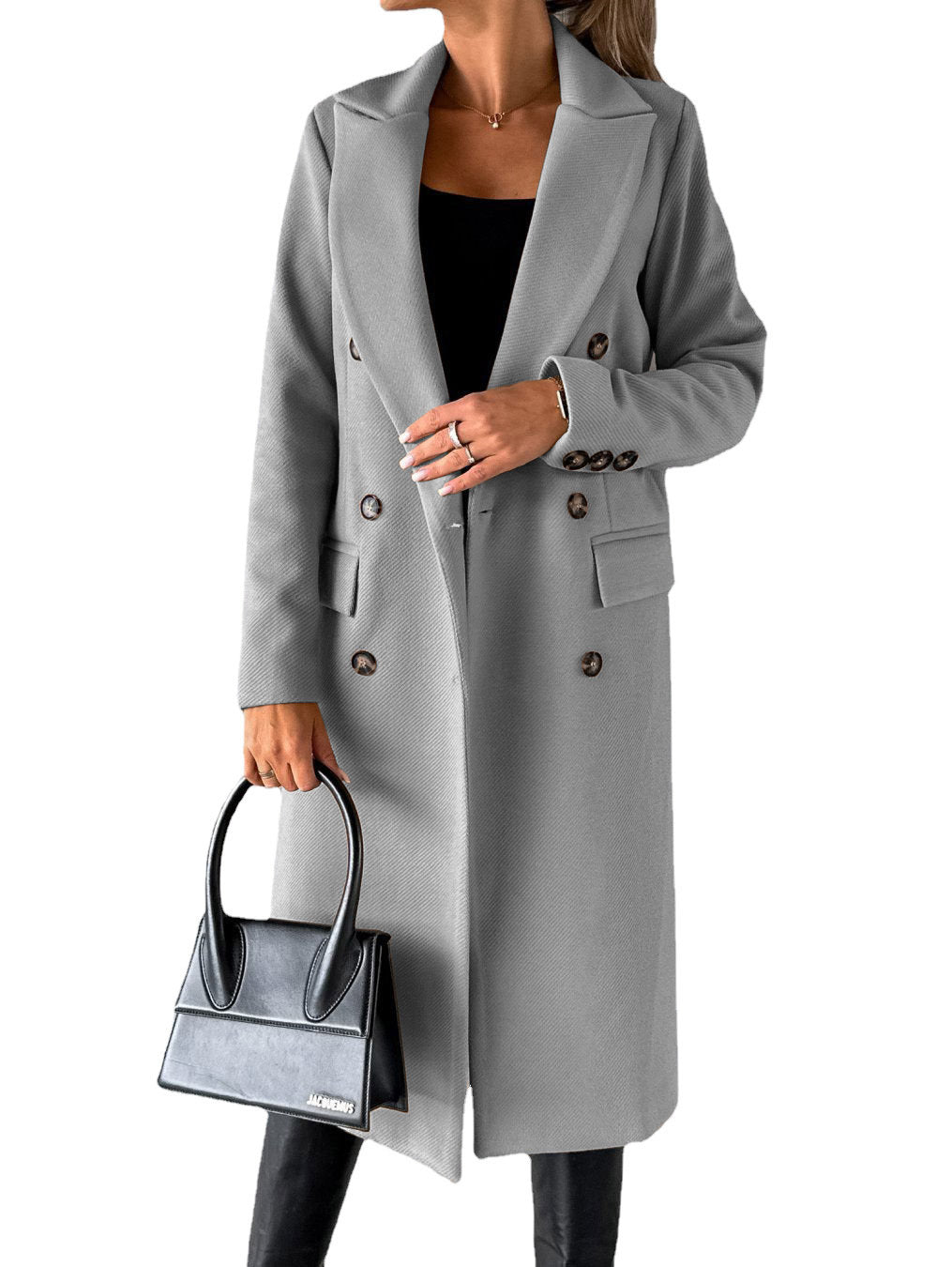 Double Breasted Lapel Coat Winter Fashion Solid Slim Long Jacket