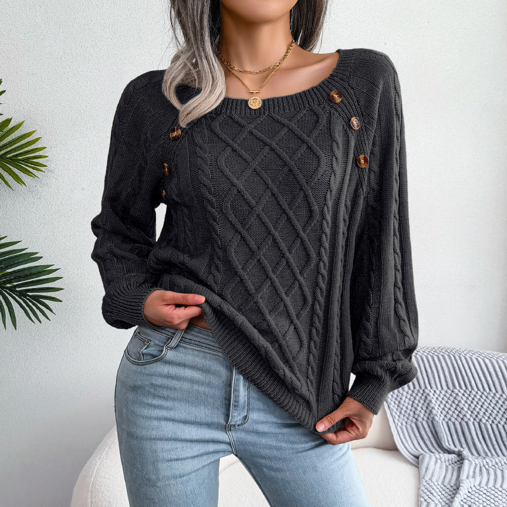 Square Neck Knitted Sweater with Button Design Winter Warm Long