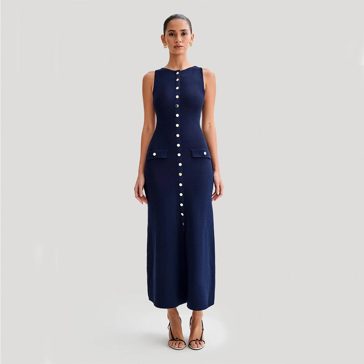 Elegant Knitted Sleeveless Dress with Single Breast Fashion Slim