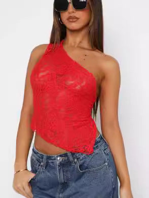 Lace Backless Top Summer Solid Color Waistless Asymmetrical Sloped