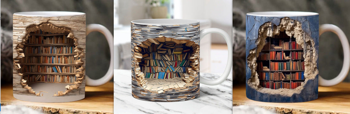 3D Bookshelf Ceramic Mug - Creative Book Lover Coffee Cup