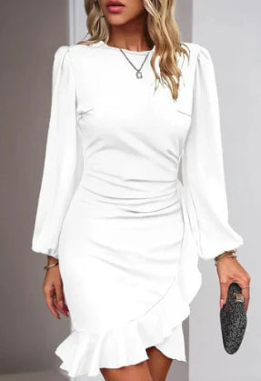 Women's Puff Long Sleeve Dresses Fashion Graceful Solid Color Slim
