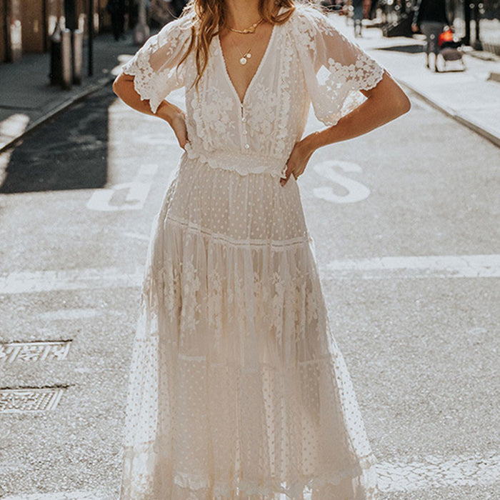Women's V-Neck Lace Dress with Elbow-Length Sleeves