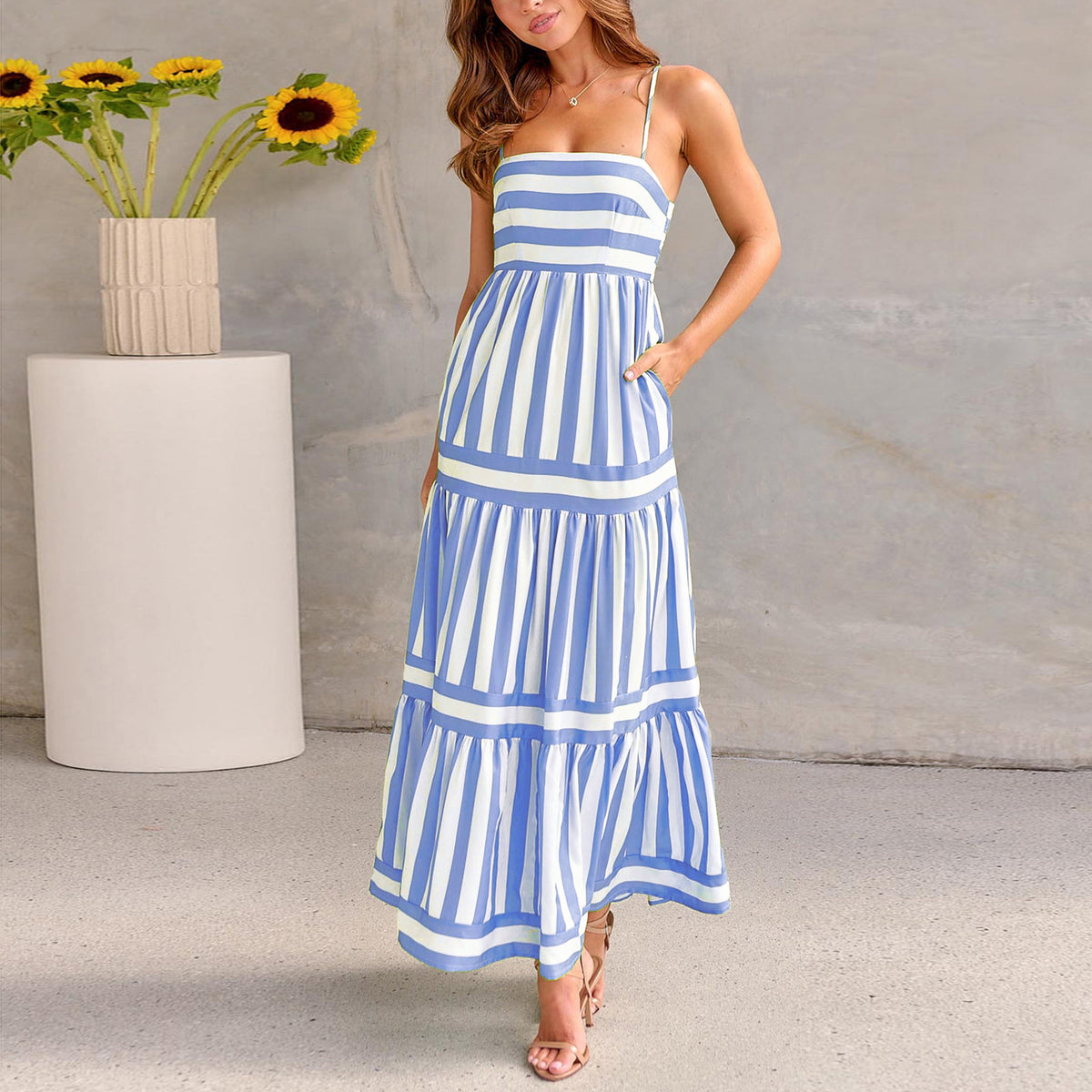 Summer Striped Printed Suspender Long Dress with Pockets Fashion