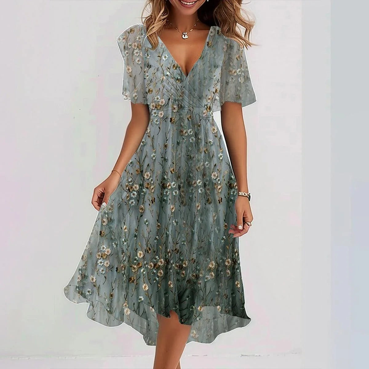 Chiffon Printed Short Sleeve Dress Summer Elegant V-Neck Dresses