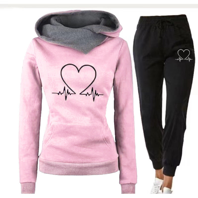 Love Heart Printed Sports Suit Hooded Sweatshirt Top and Drawstring