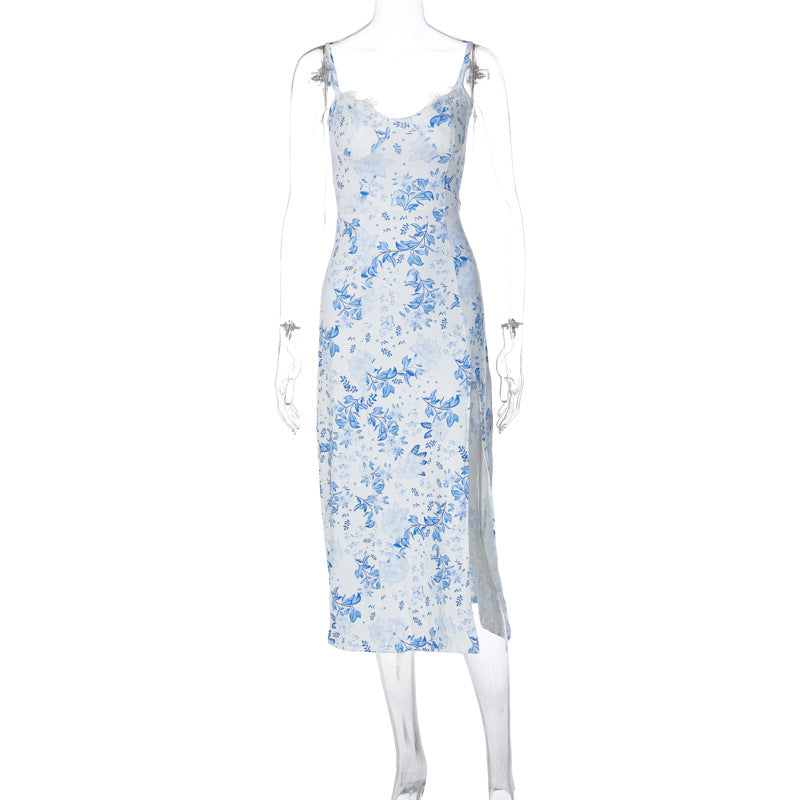 Lace Flowers Print Long Dress Sexy Fashion Slit Suspender Summer