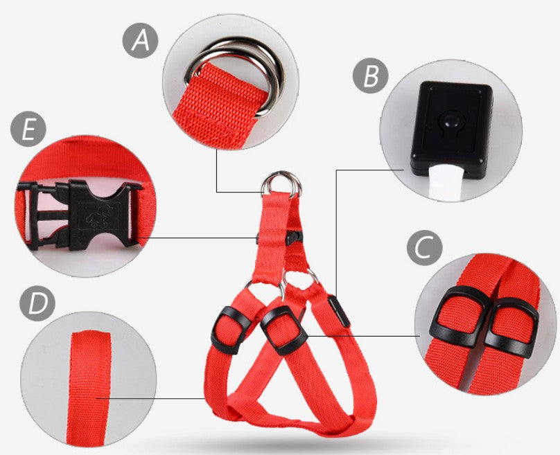 LED Light-Up Dog Harness - Glowing Reflective Chest Harness, USB or Battery