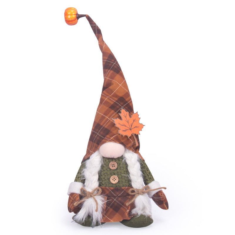 Halloween Fall Gnome Doll - Faceless Plaid Gnome with Maple Leaf, 51 cm