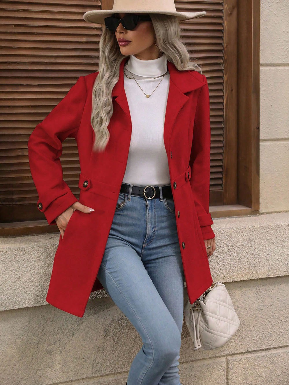Elegant Single-Breasted Woolen Coat Buttons Lapel Mid-Length Jacket
