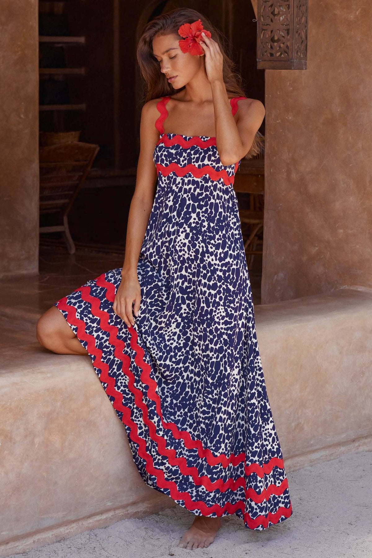 Flowers Print Wavy Pattern Suspender Long Dress for Women Fashion