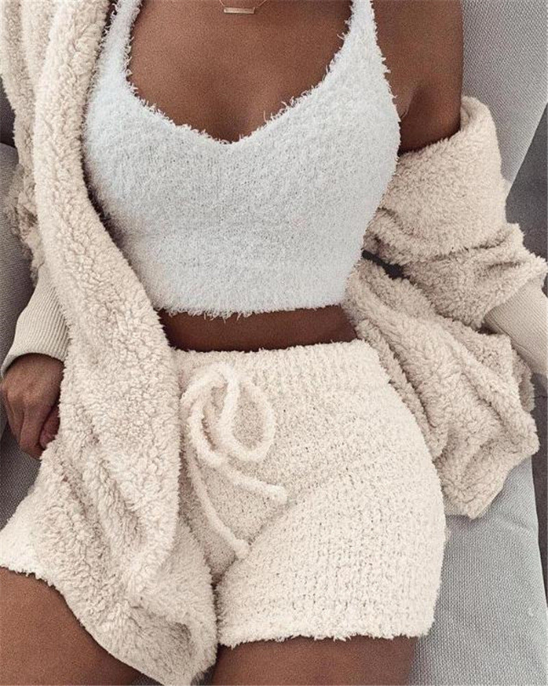 3pcs Women's Clothing Long Sleeve Crop Tank Top and Drawstring Shorts