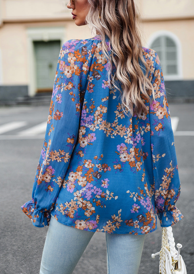 Women's Tops Casual Floral Print V-Neck Long Sleeve Shirts Loose