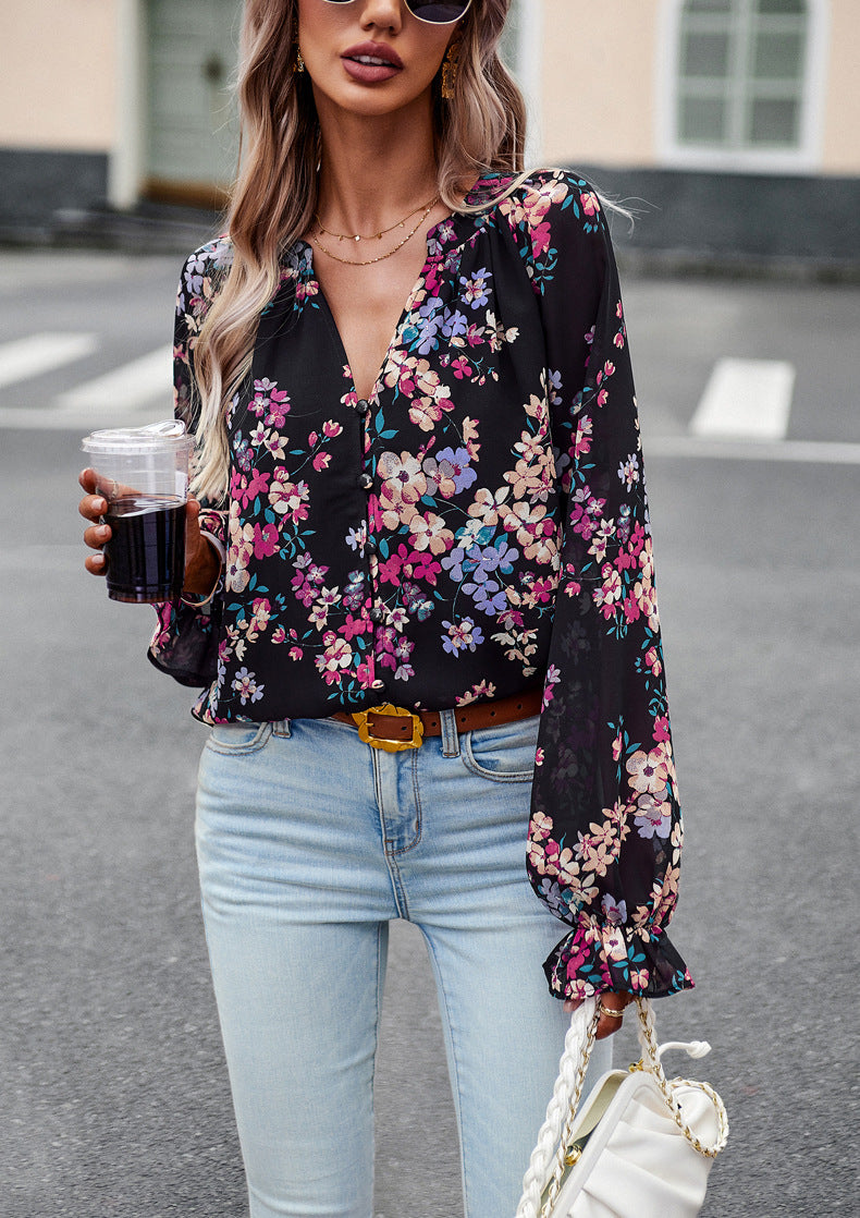 Women's Tops Casual Floral Print V-Neck Long Sleeve Shirts Loose