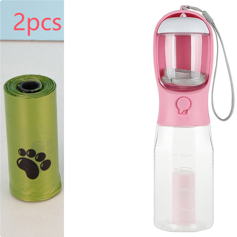 3-in-1 Dog Water Bottle 600 ml - Leakproof Travel Drinker, Food & Poop Bag Holder