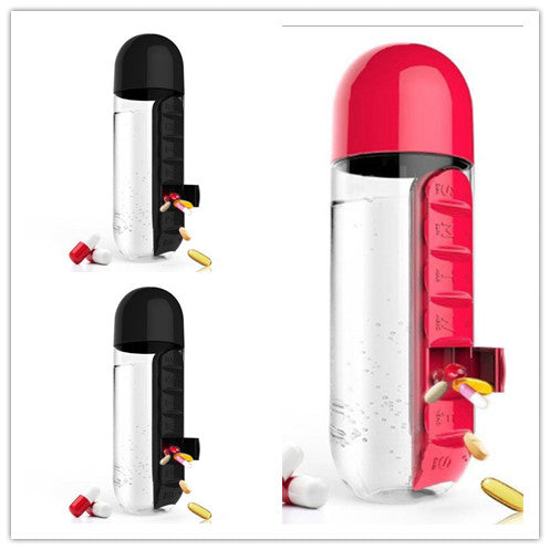 2-in-1 Water Bottle with Pill Box - Travel Cup with Storage