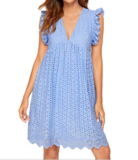 Lace Dresses with Pocket Summer Sleeveless Jacquard Cutout V-Neck