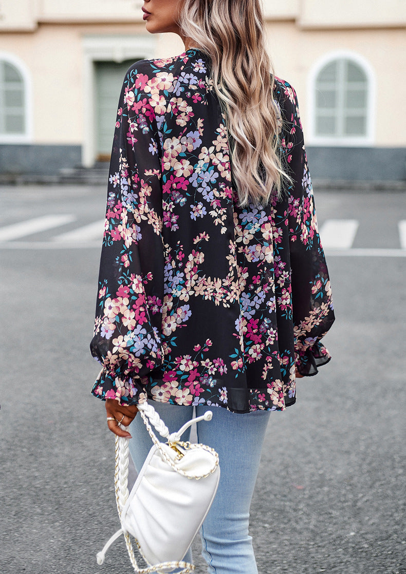 Women's Tops Casual Floral Print V-Neck Long Sleeve Shirts Loose