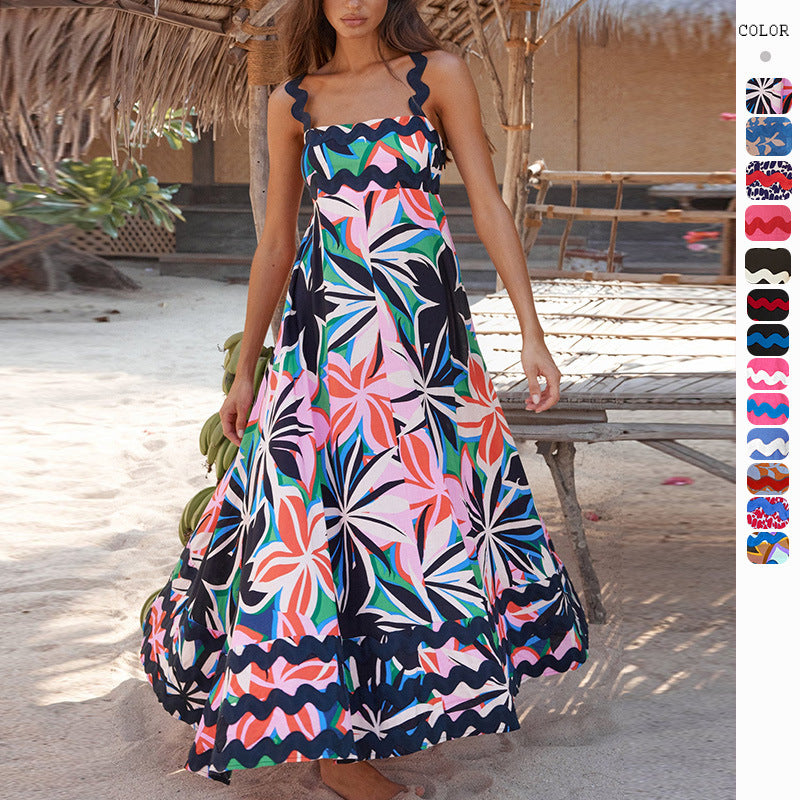 Flowers Print Wavy Pattern Suspender Long Dress for Women Fashion