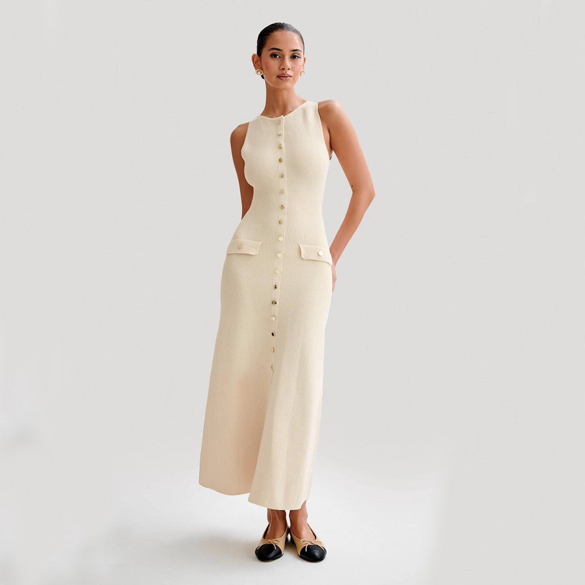 Elegant Knitted Sleeveless Dress with Single Breast Fashion Slim
