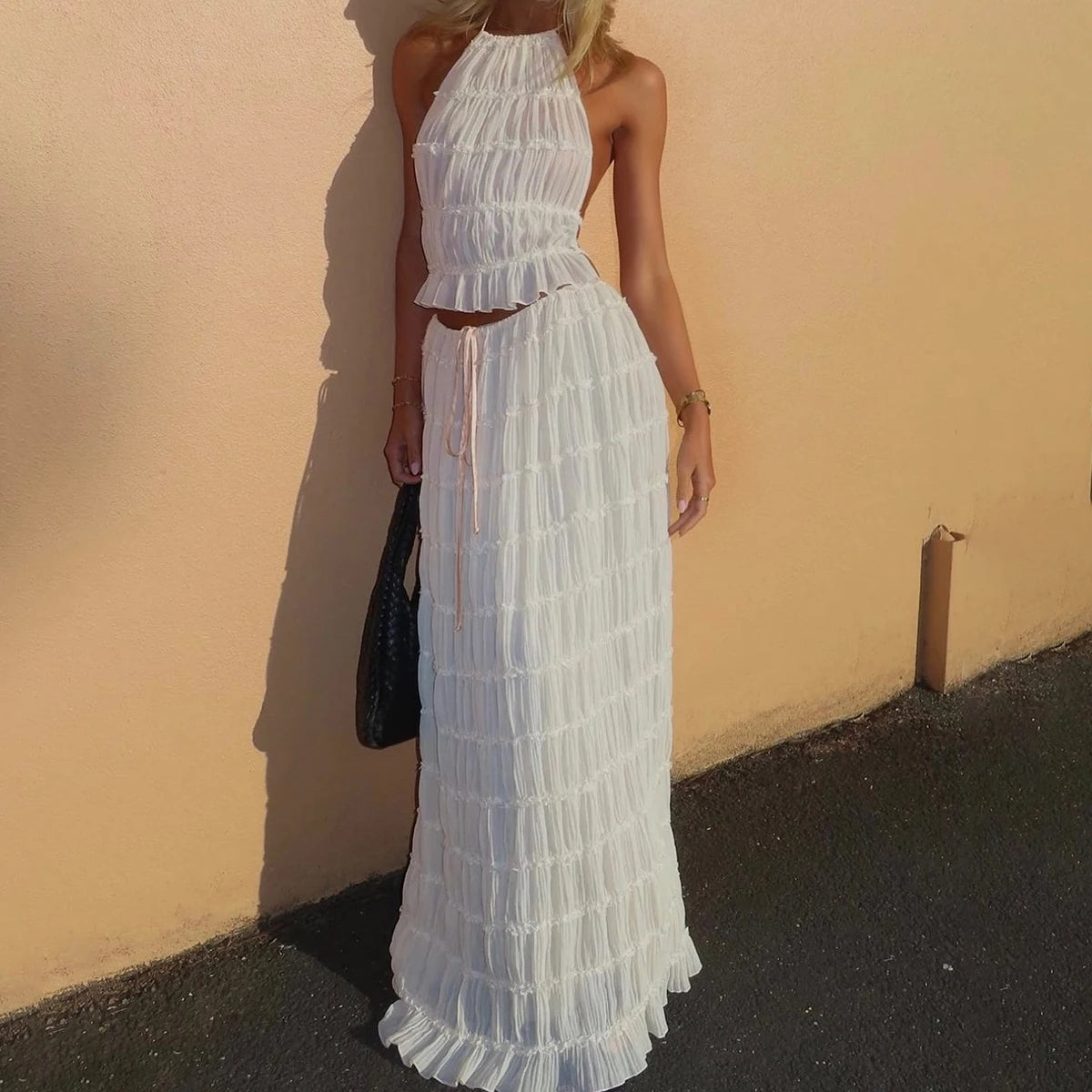 2pcs Women's Dress Suit Sexy Sleeveless Backless Cropped Halter Top