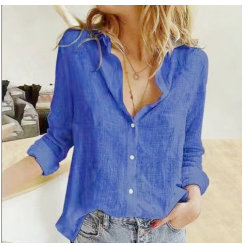 Loose Button Lapel Cardigan Top Long Sleeve Shirt Women's Blouses