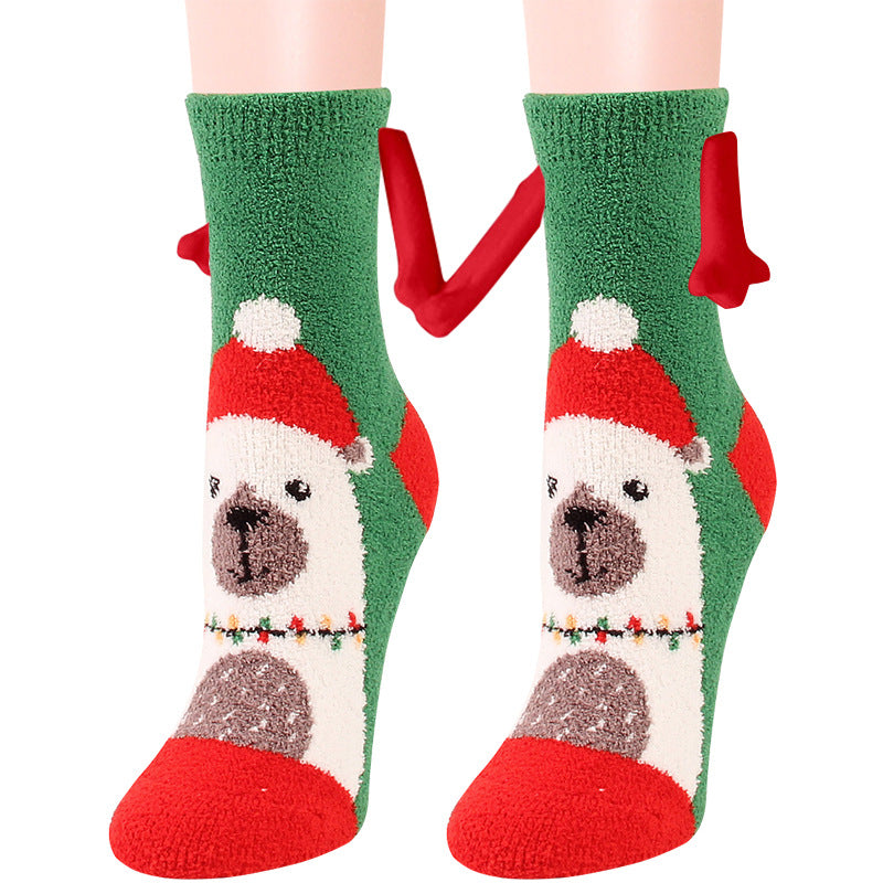 Christmas Supplies Magnetic Suction Hand in Couple Socks Coral Fleece