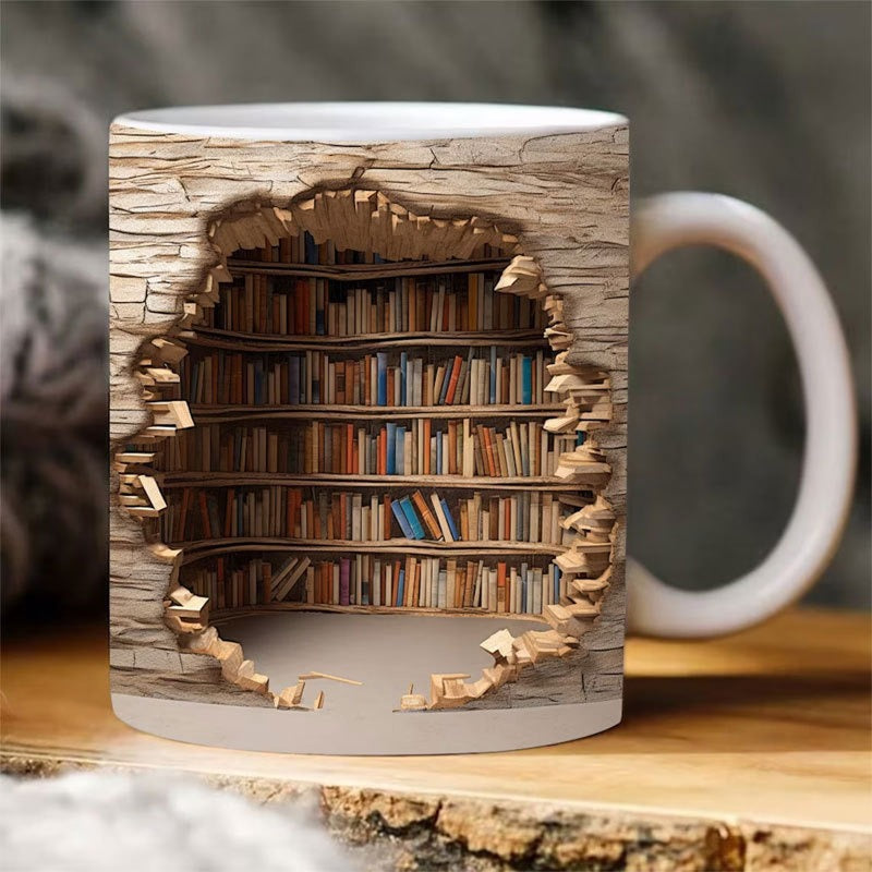 3D Bookshelf Ceramic Mug - Creative Book Lover Coffee Cup