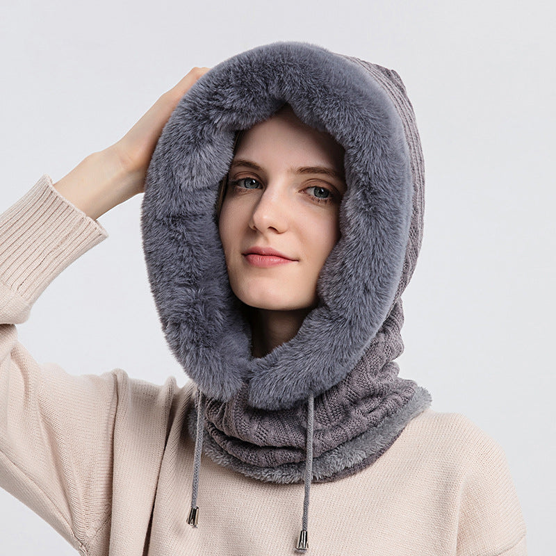 Winter Thick Plush Hat with Scarf Windproof Warm Knit Hats Hooded