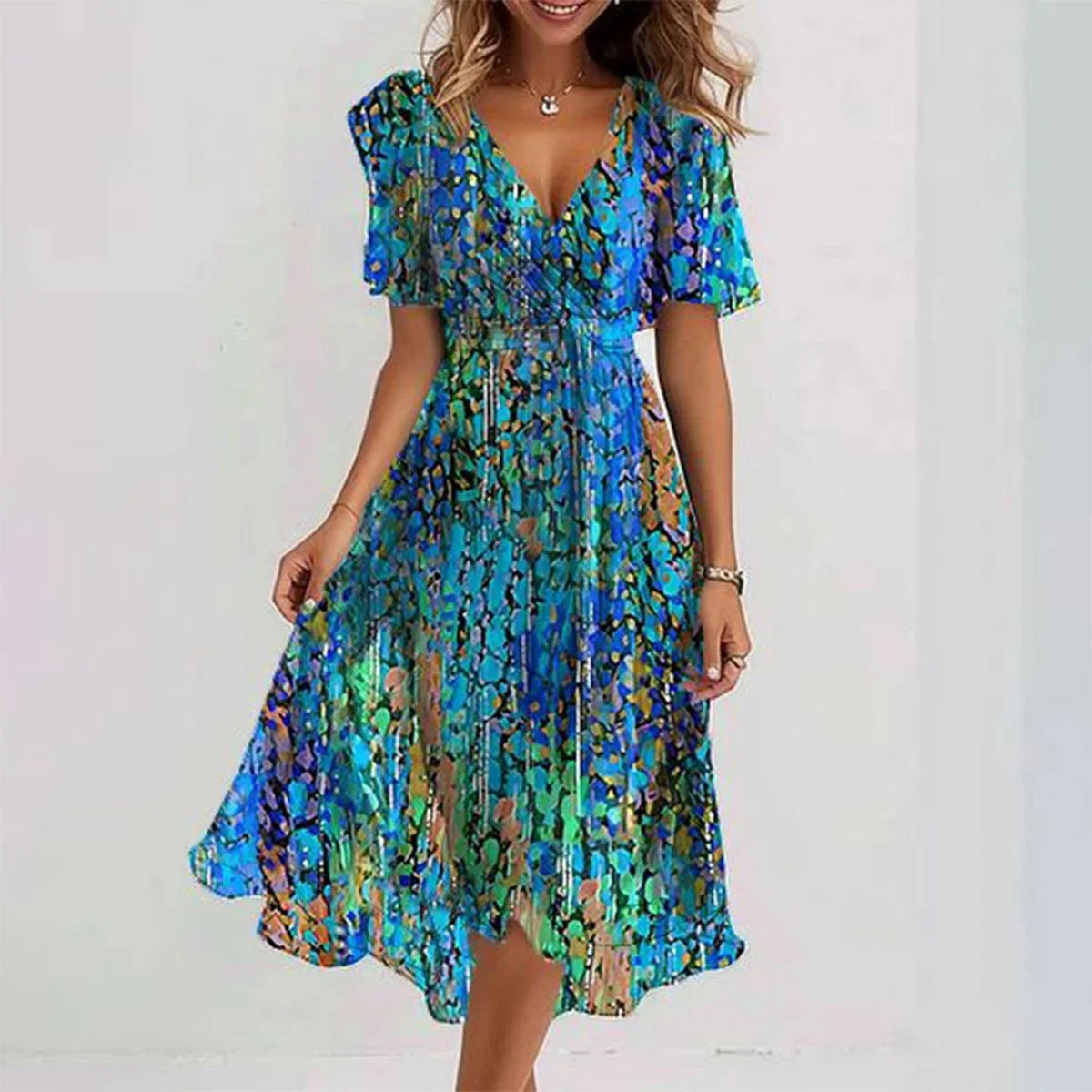 Chiffon Printed Short Sleeve Dress Summer Elegant V-Neck Dresses