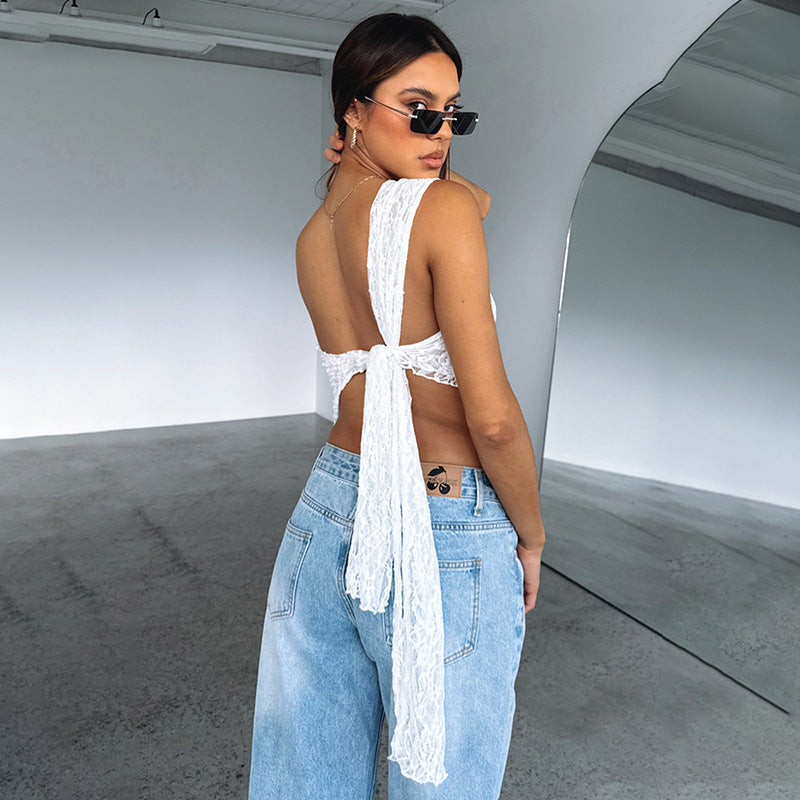 Lace Backless Top Summer Solid Color Waistless Asymmetrical Sloped
