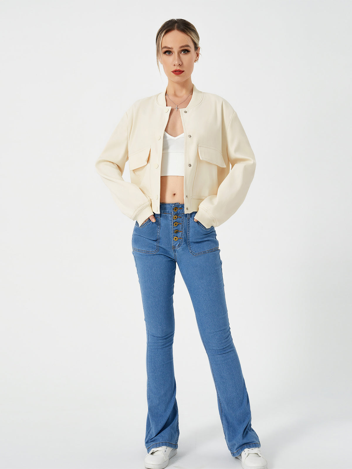 Women's Lightweight Cropped Bomber Jacket Casual Long Sleeve Varsity