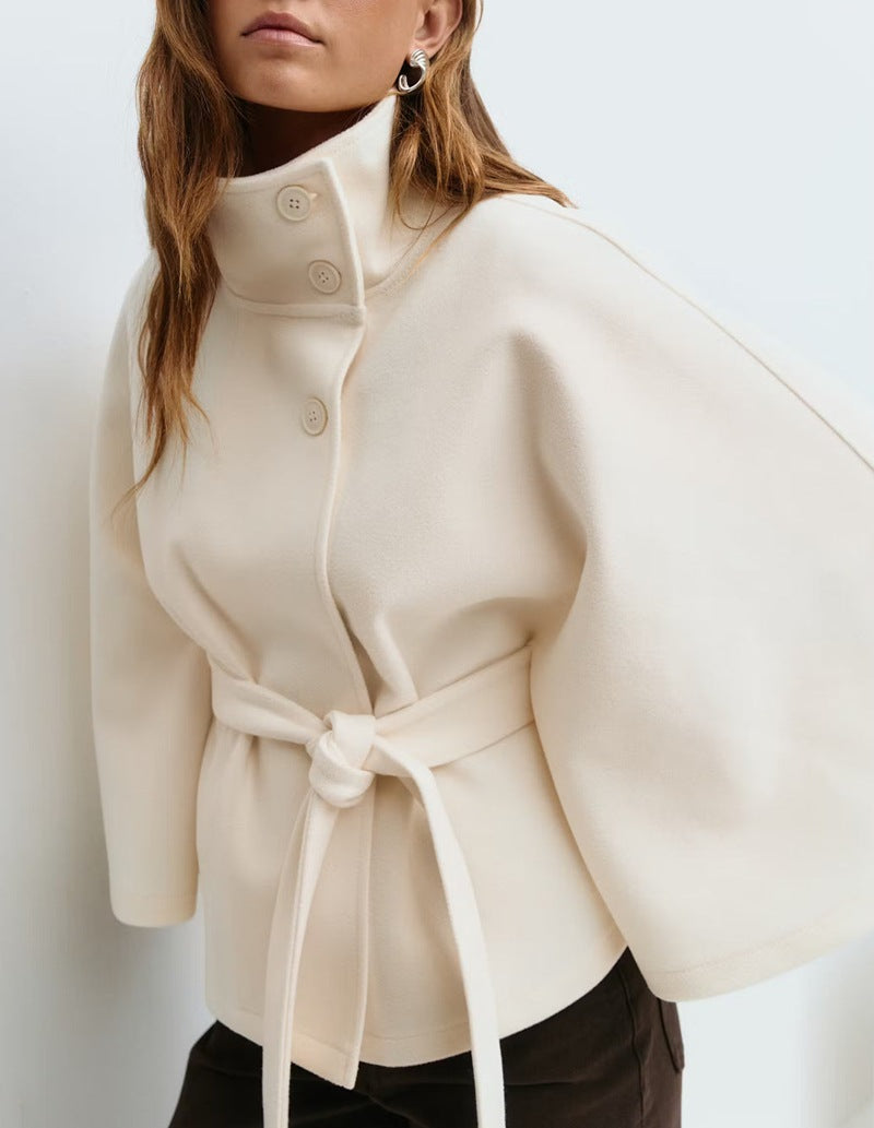 Winter High Neck Batwing Sleeve Coat with Belt Fashion Loose Elegant