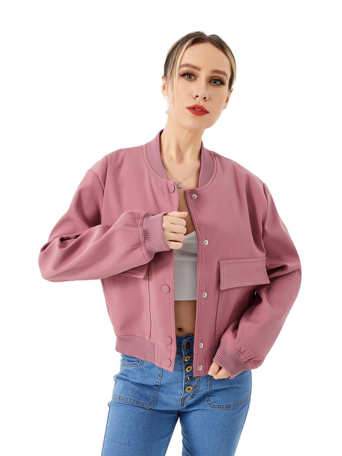Women's Lightweight Cropped Bomber Jacket Casual Long Sleeve Varsity